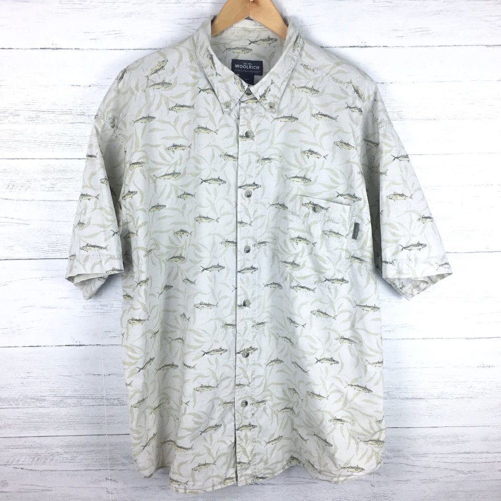 Woolrich Men's Camp Shirt Tan Fish Print Button Front Short Sleeves Casual XL